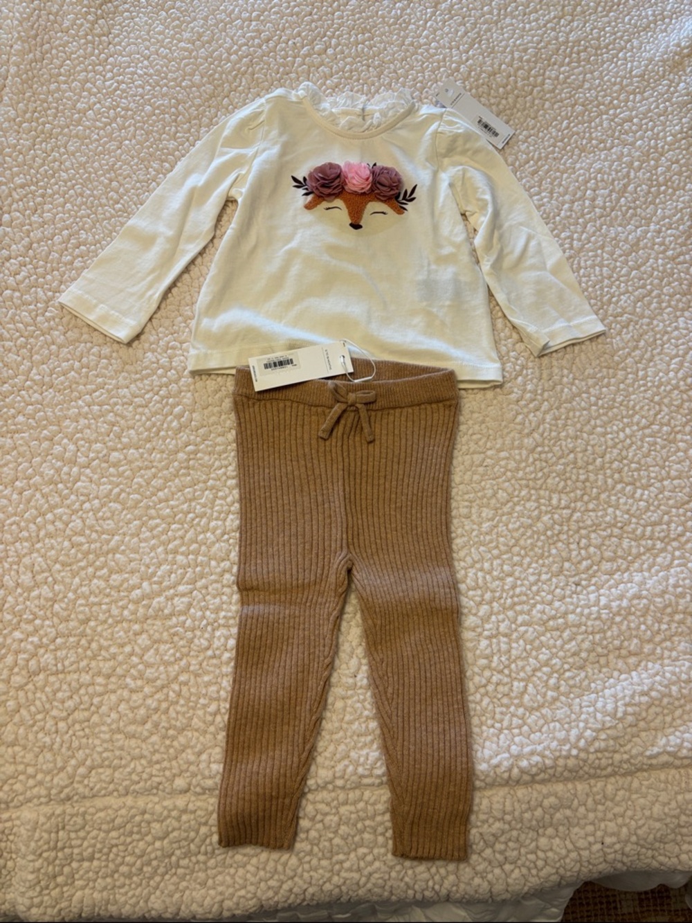 Janie and Jack Cream Top with Brown Ribbed Knit Leggings